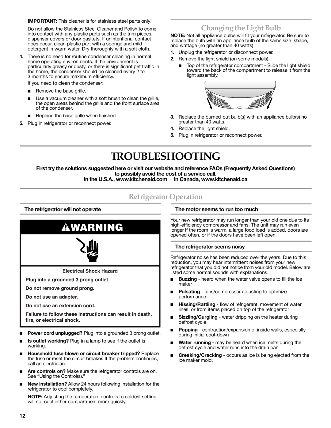 KitchenAid KBFS22EWMS, KBFS20EVMS, KBFS25EWMS Troubleshooting, Changing the Light Bulb, Refrigerator Operation 