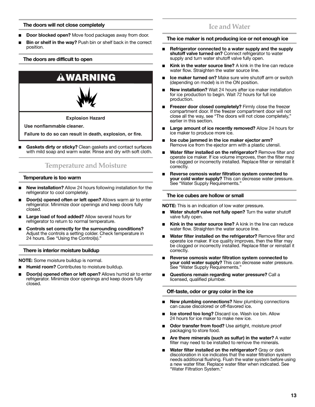 KitchenAid KBFS20EVMS, KBFS22EWMS, KBFS25EWMS installation instructions Temperature and Moisture, Ice and Water 