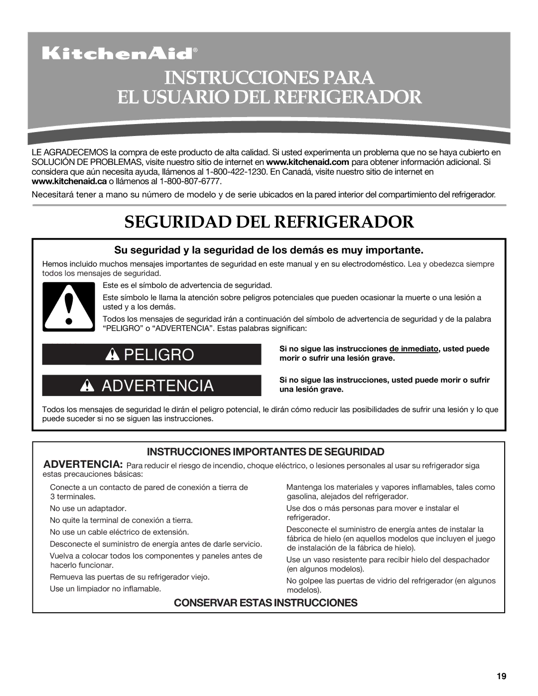 KitchenAid KBFS20EVMS, KBFS22EWMS, KBFS25EWMS Instrucciones Para EL Usuario DEL Refrigerador, Seguridad DEL Refrigerador 