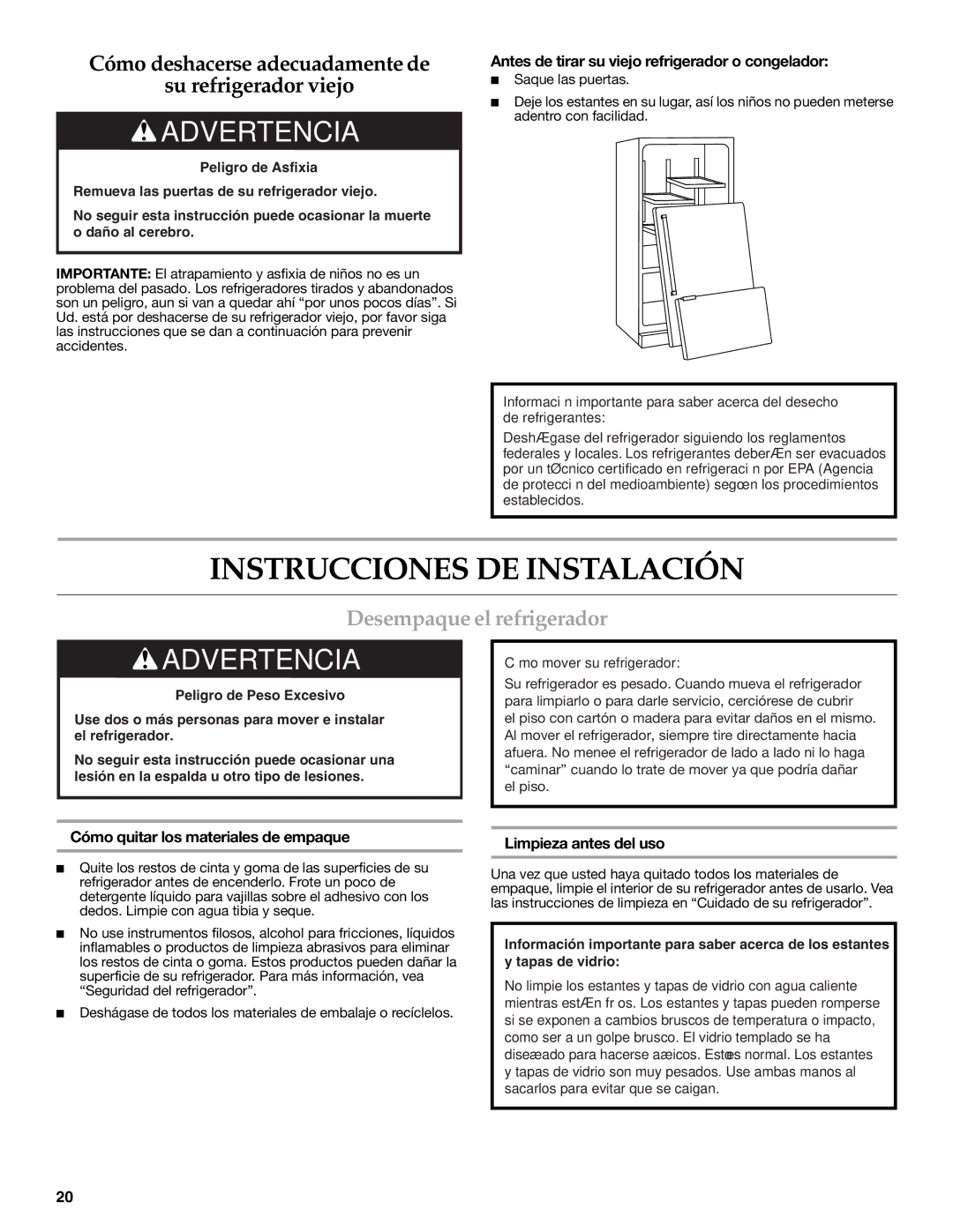 KitchenAid KBFS25EWMS Instrucciones DE Instalación, Desempaque el refrigerador, Cómo quitar los materiales de empaque 