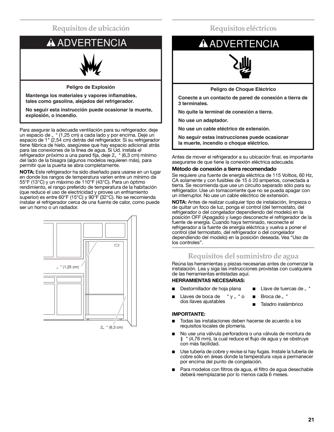 KitchenAid KBFS22EWMS, KBFS20EVMS Requisitos de ubicación, Requisitos eléctricos, Requisitos del suministro de agua 