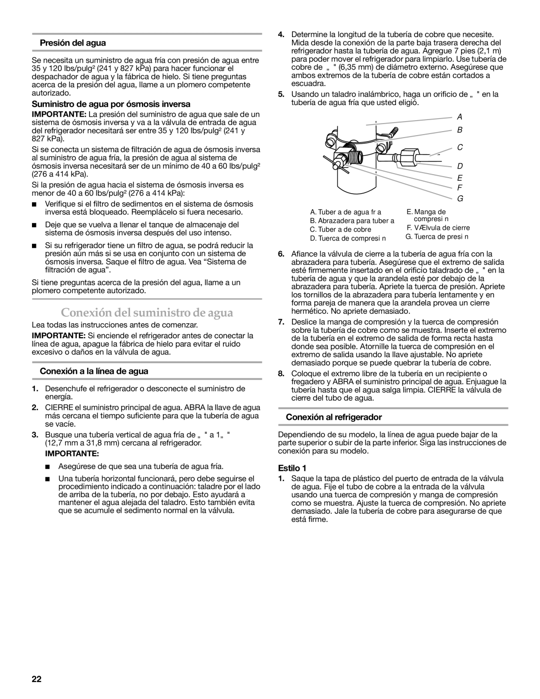 KitchenAid KBFS20EVMS, KBFS22EWMS, KBFS25EWMS installation instructions Conexión del suministro de agua 