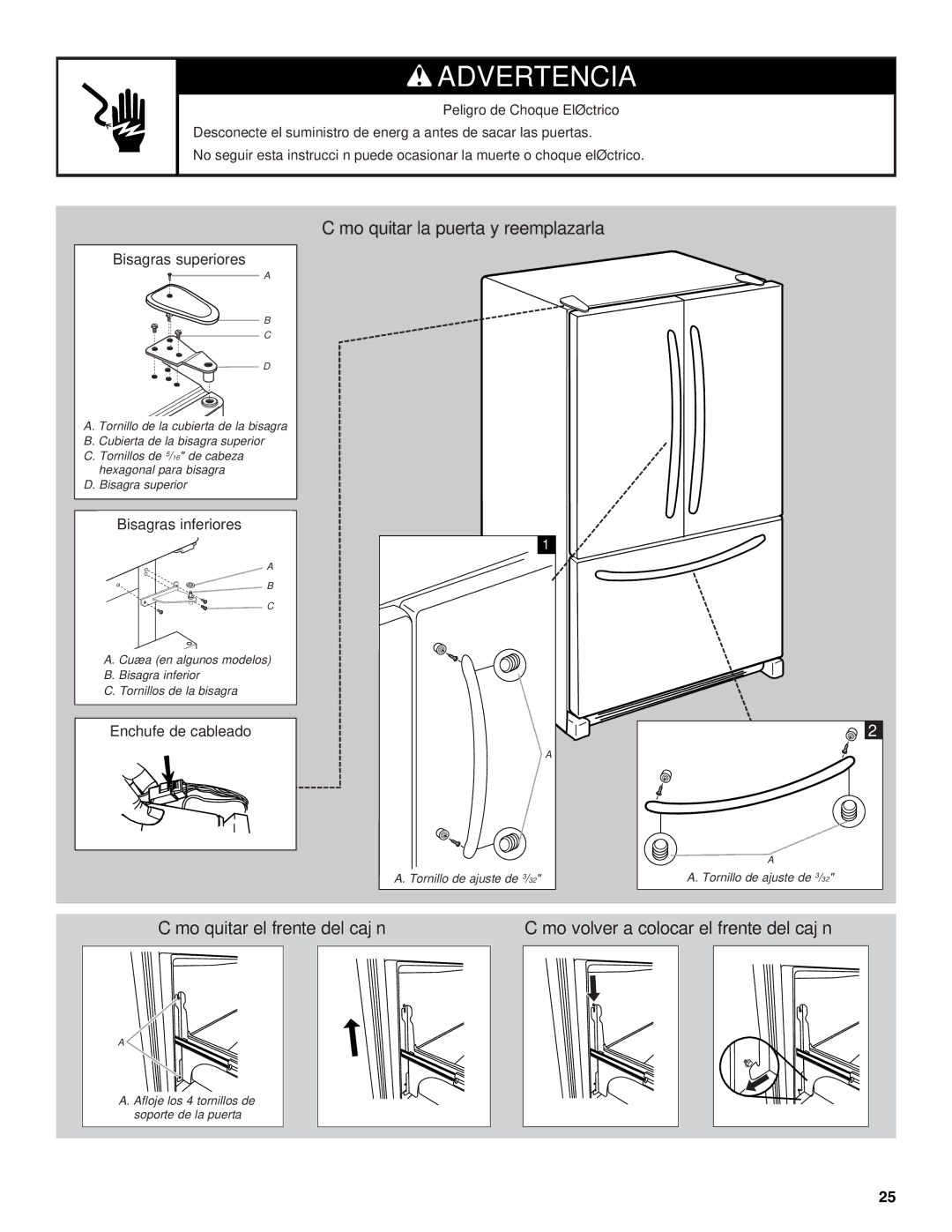 KitchenAid KBFS20EVMS, KBFS22EWMS, KBFS25EWMS installation instructions Cómo quitar la puerta y reemplazarla 