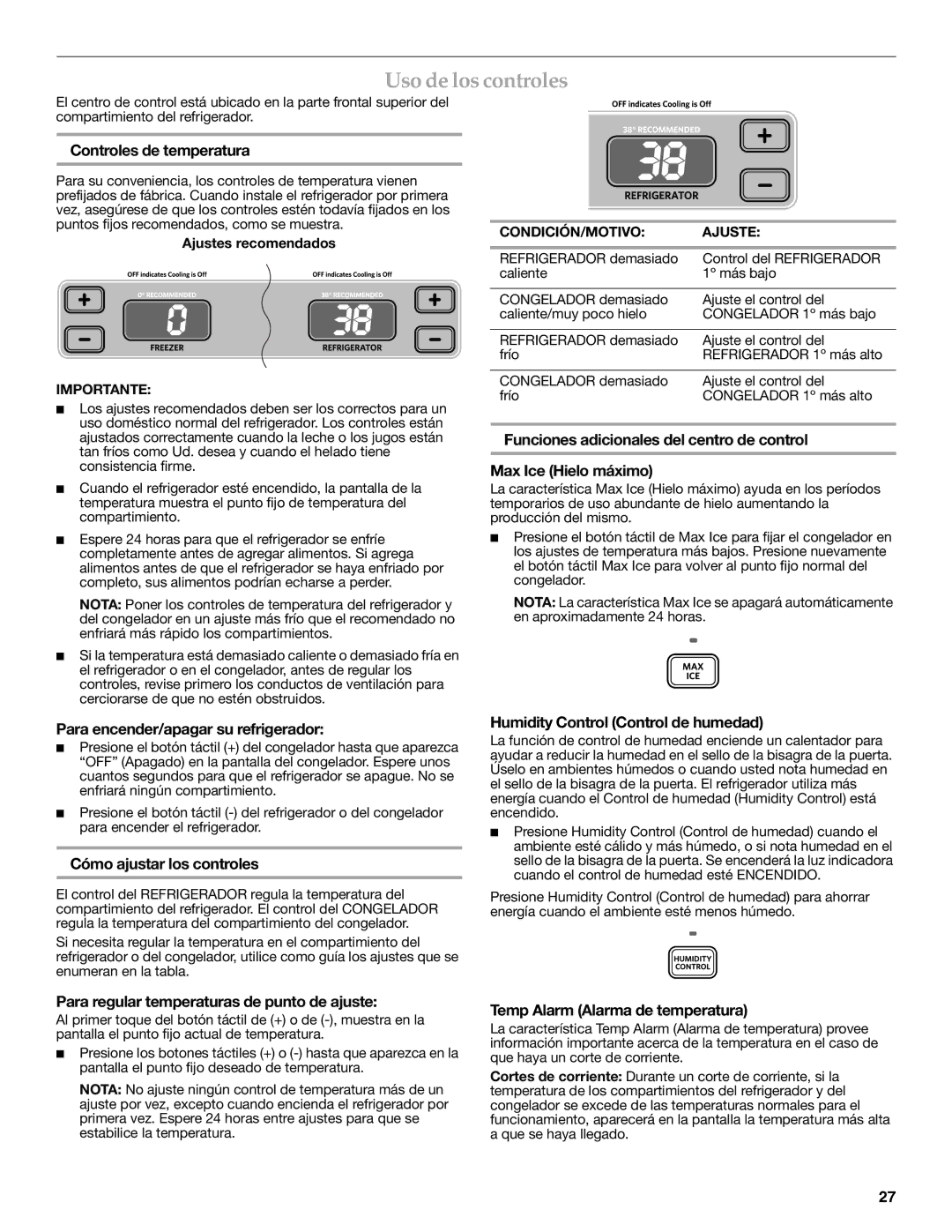 KitchenAid KBFS22EWMS, KBFS20EVMS, KBFS25EWMS installation instructions Uso de los controles 