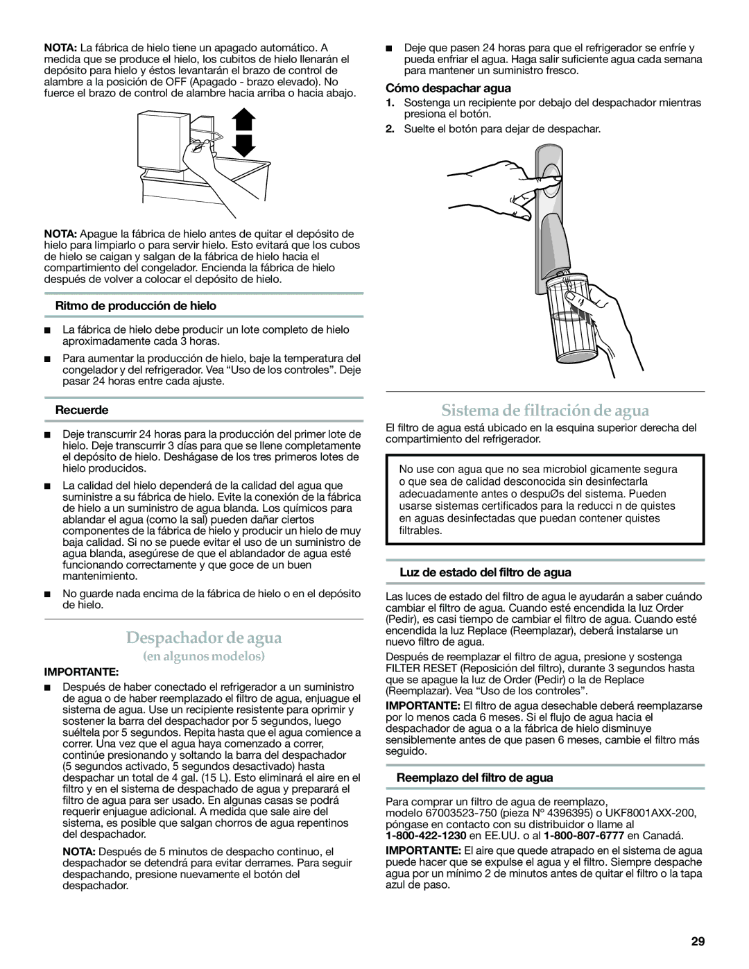 KitchenAid KBFS25EWMS, KBFS22EWMS, KBFS20EVMS installation instructions Despachador de agua, Sistema de filtración de agua 