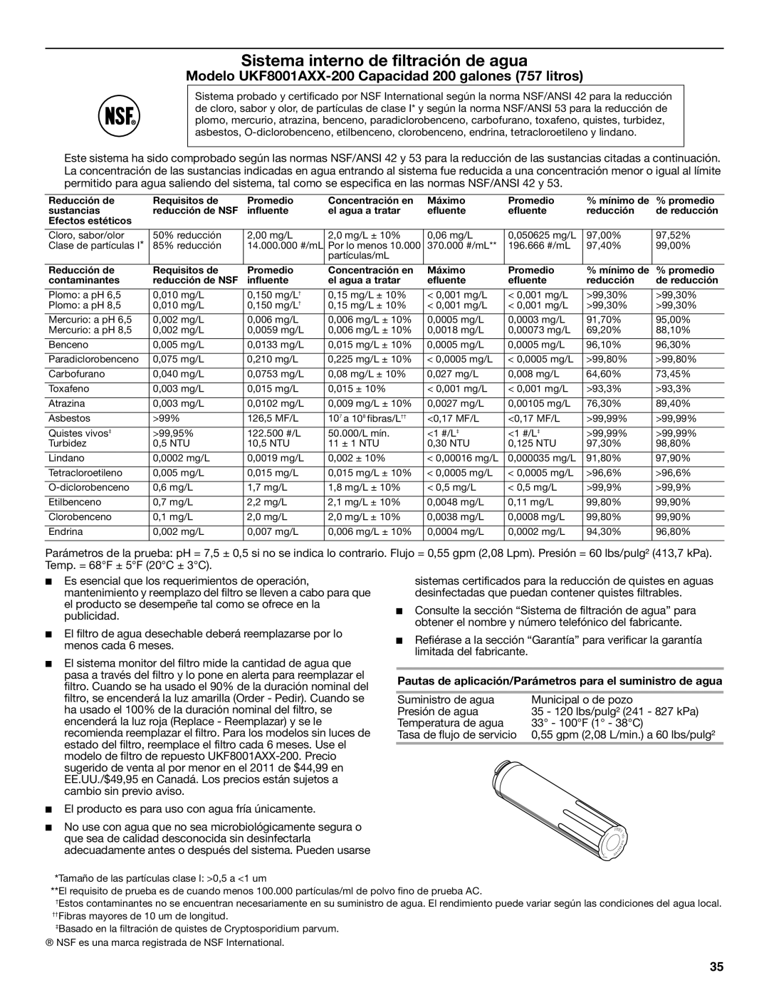 KitchenAid KBFS25EWMS, KBFS22EWMS, KBFS20EVMS Modelo UKF8001AXX-200 Capacidad 200 galones 757 litros 