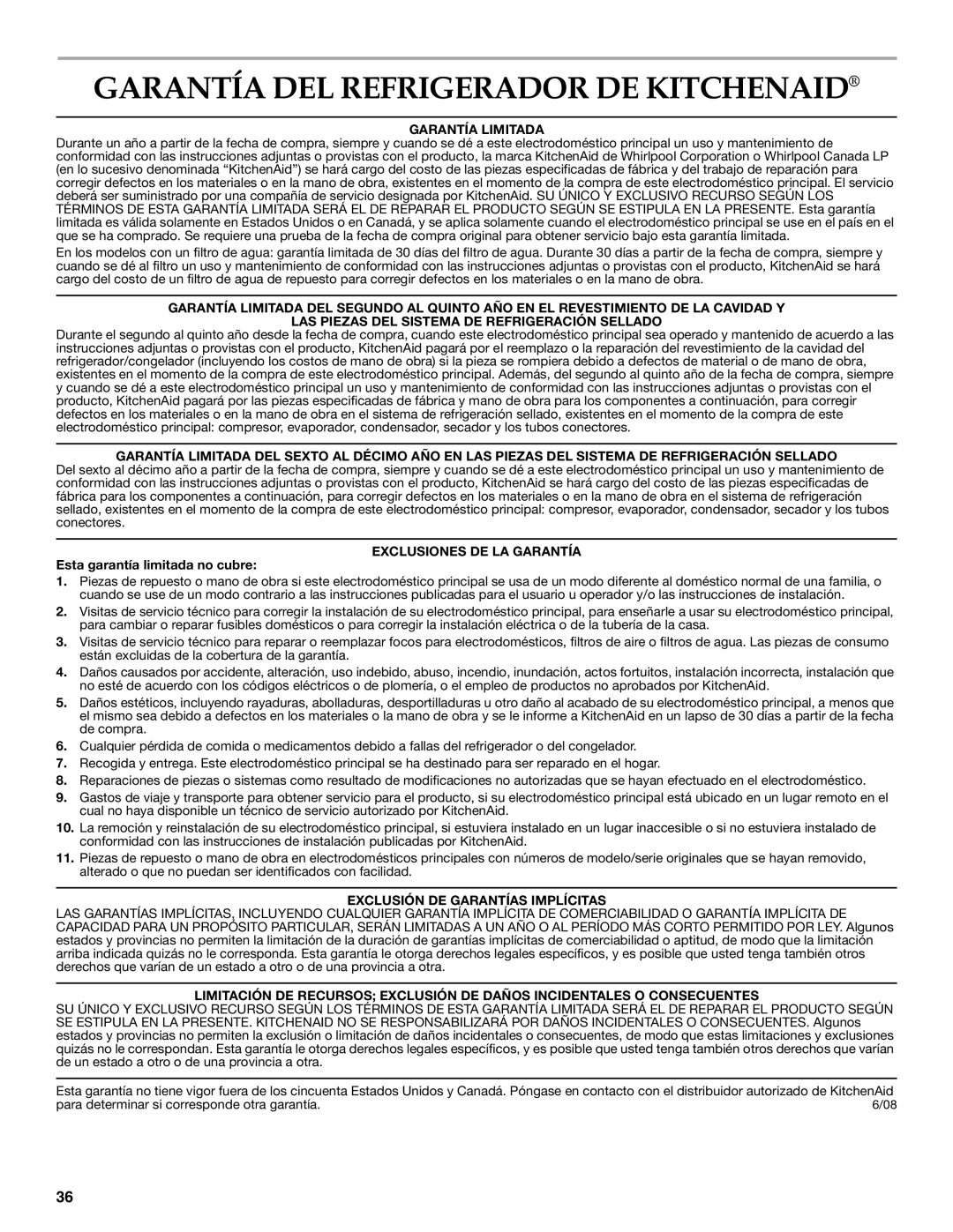 KitchenAid KBFS22EWMS, KBFS20EVMS, KBFS25EWMS Garantía DEL Refrigerador DE Kitchenaid, Garantía Limitada 