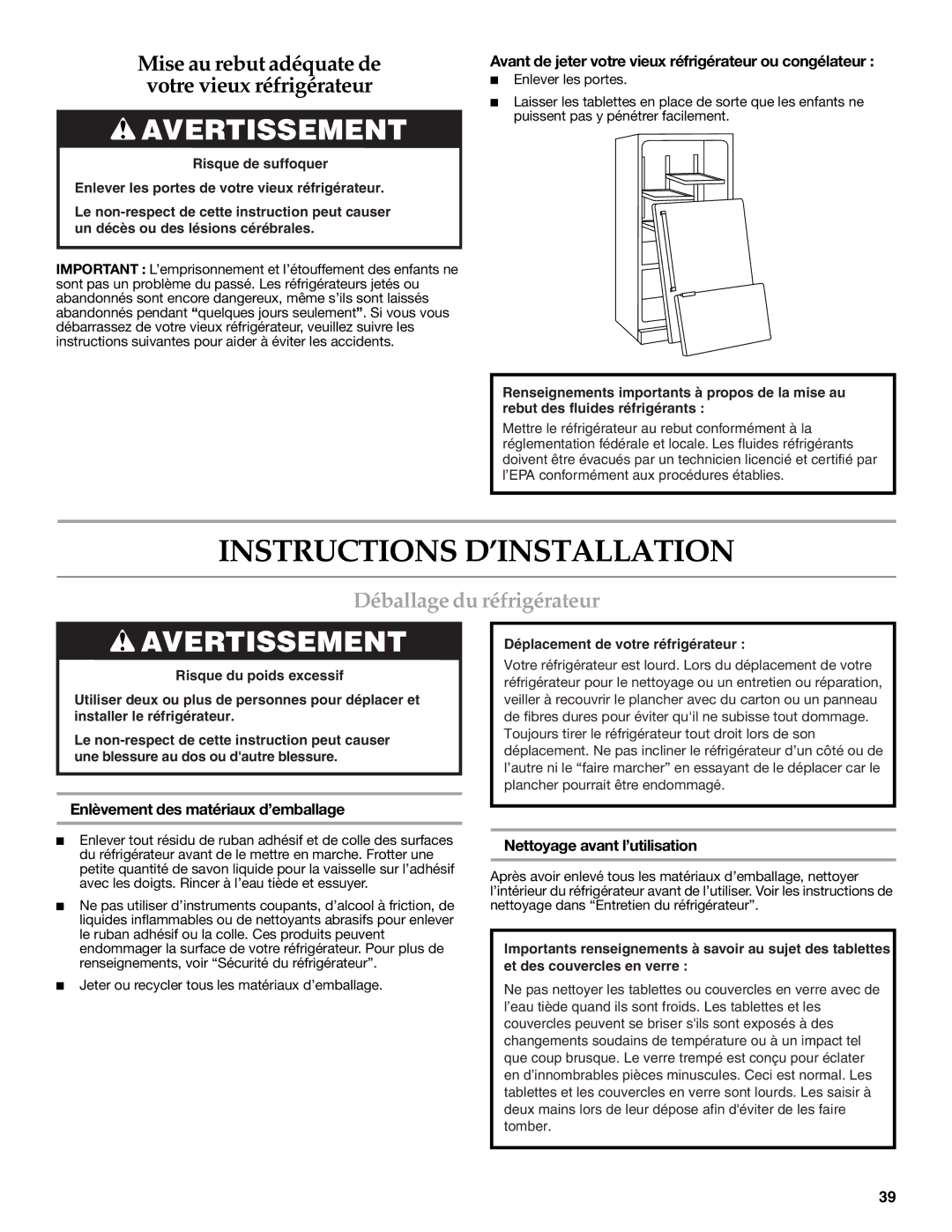 KitchenAid KBFS22EWMS Instructions D’INSTALLATION, Déballage du réfrigérateur, Enlèvement des matériaux d’emballage 