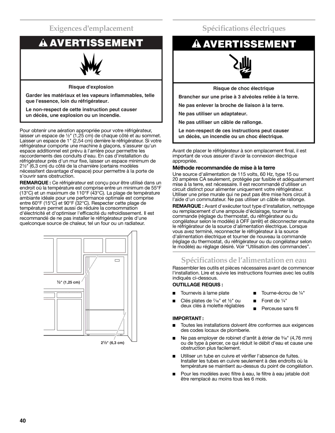 KitchenAid KBFS20EVMS Exigences demplacement, Spécifications électriques, Spécifications de l’alimentation en eau 