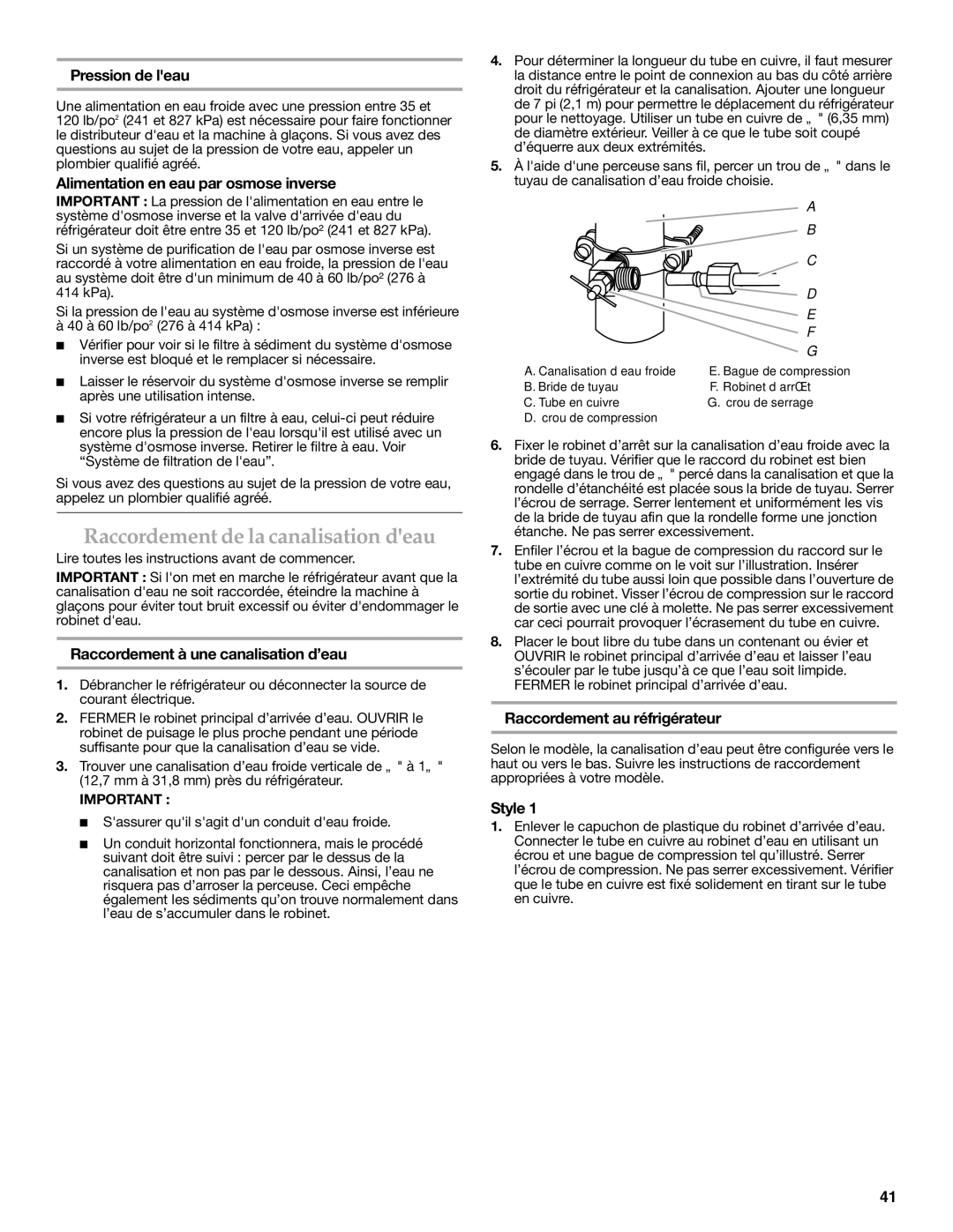 KitchenAid KBFS25EWMS Raccordement de la canalisation deau, Pression de leau, Alimentation en eau par osmose inverse 