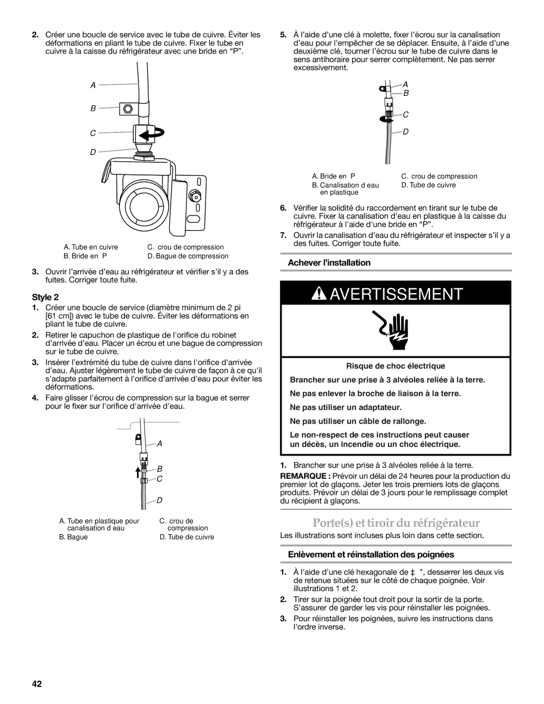 KitchenAid KBFS22EWMS Portes et tiroir du réfrigérateur, Achever l’installation, Enlèvement et réinstallation des poignées 