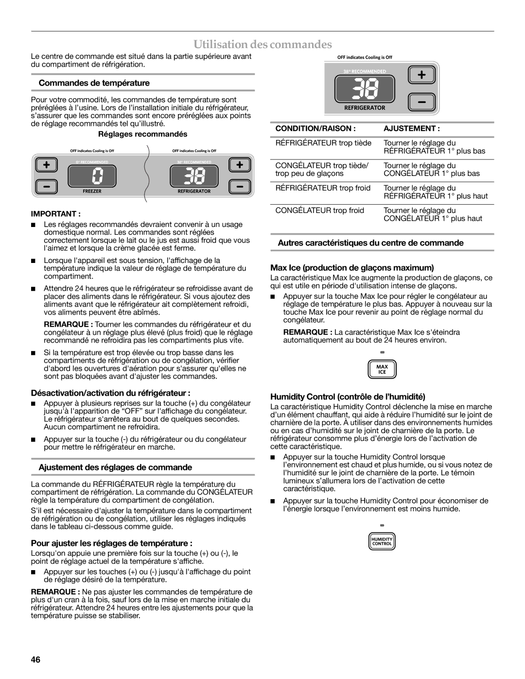 KitchenAid KBFS20EVMS, KBFS22EWMS, KBFS25EWMS installation instructions Utilisation des commandes 