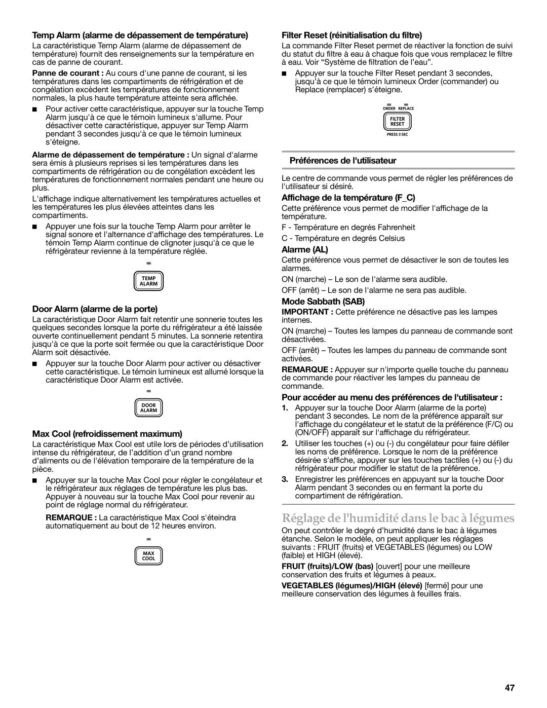 KitchenAid KBFS25EWMS, KBFS22EWMS, KBFS20EVMS installation instructions Réglage de lhumidité dans le bac à légumes 