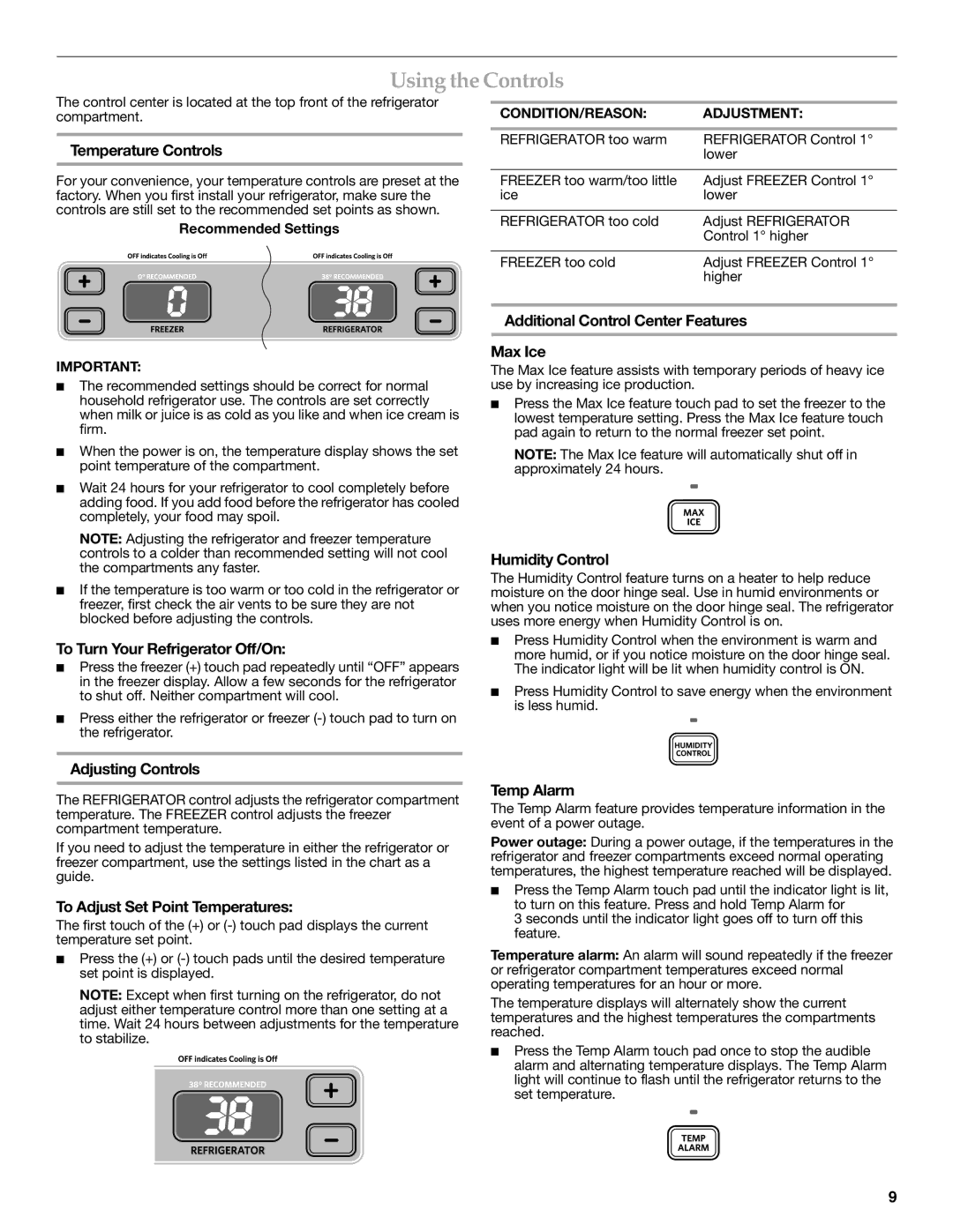 KitchenAid KBFS22EWMS, KBFS20EVMS, KBFS25EWMS installation instructions Using the Controls 