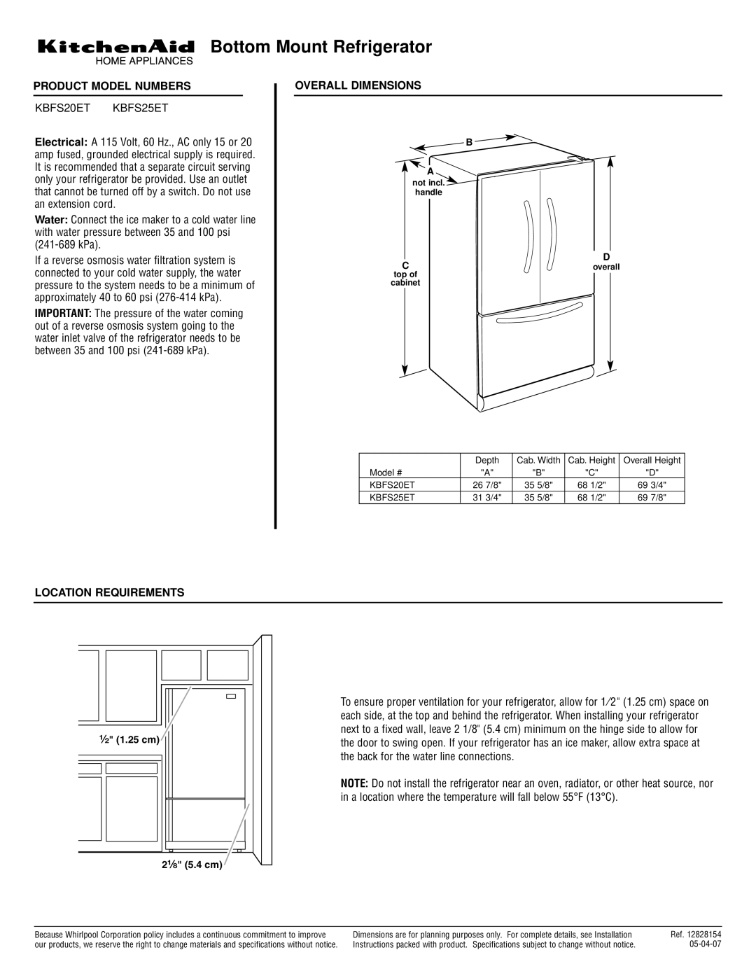 KitchenAid dimensions Bottom Mount Refrigerator, Product Model Numbers, KBFS20ET KBFS25ET, Overall Dimensions 