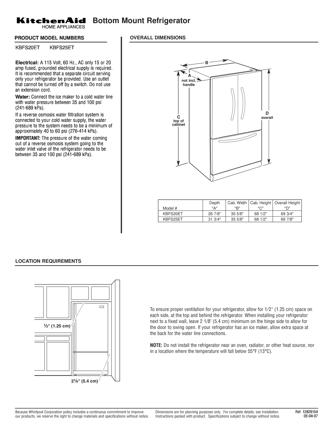 KitchenAid KBFS20ET dimensions Bottom Mount Refrigerator, Product Model Numbers, Overall Dimensions, Location Requirements 