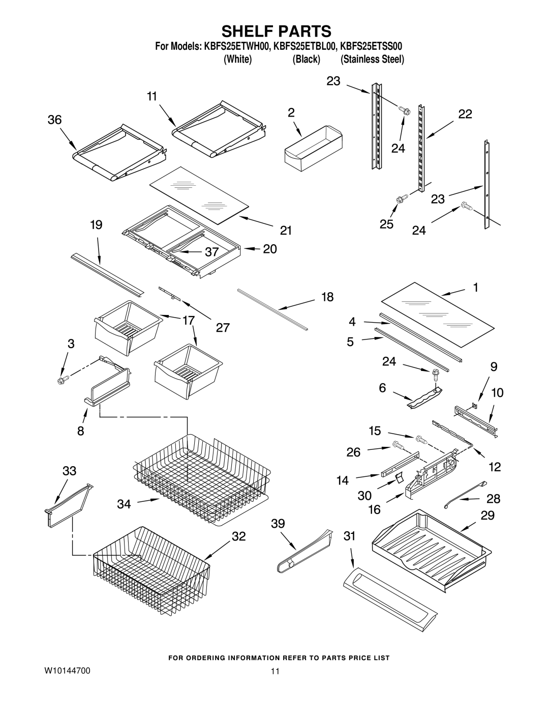 KitchenAid KBFS25ETWH00, KBFS25ETSS00, KBFS25ETBL00 manual Shelf Parts 