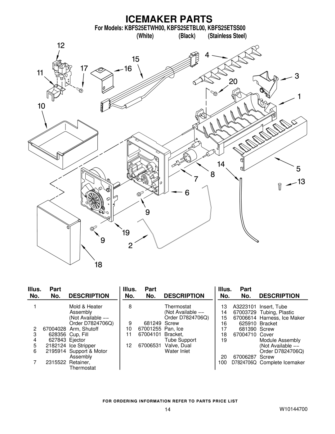 KitchenAid KBFS25ETWH00, KBFS25ETSS00, KBFS25ETBL00 manual Icemaker Parts 