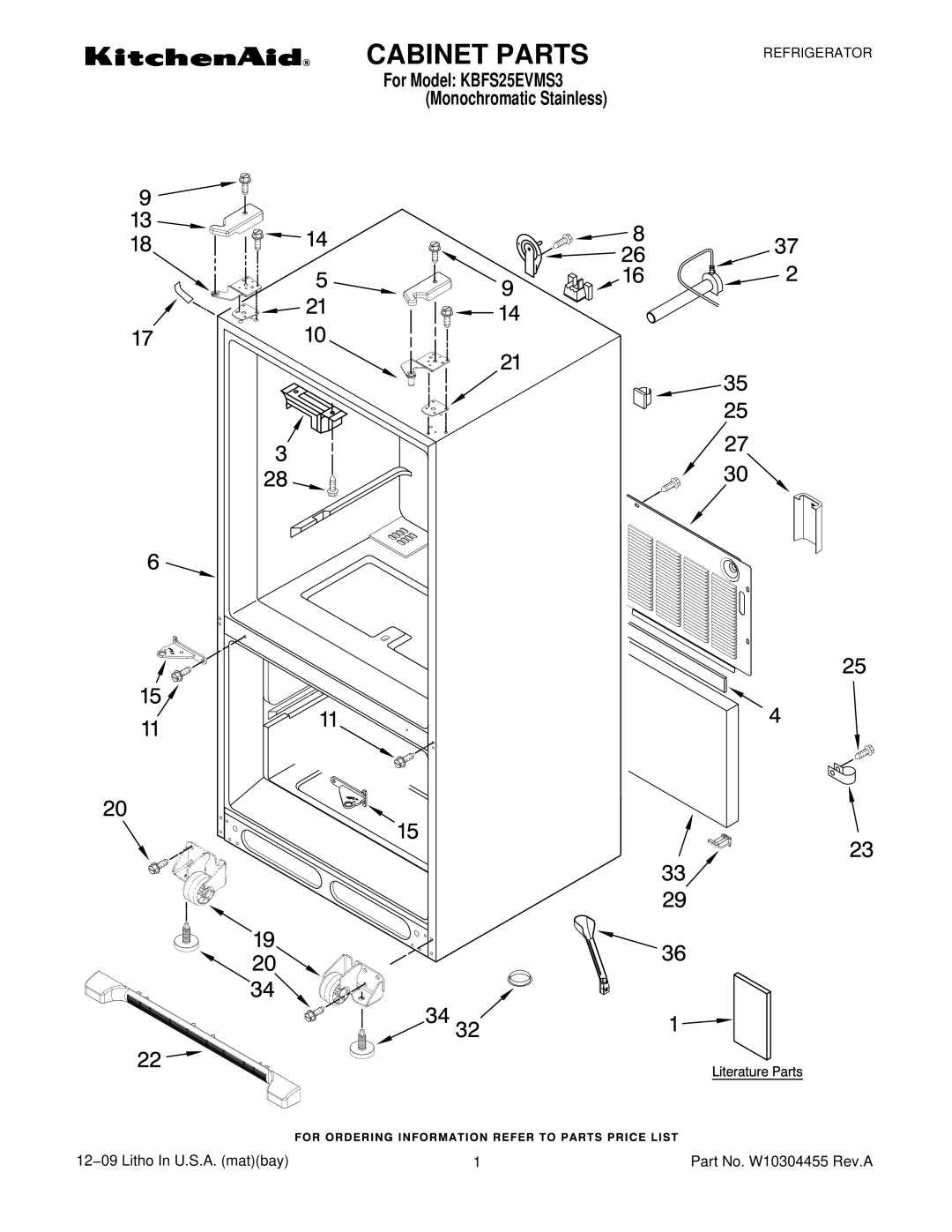 KitchenAid KBFS25EVMS3 manual Cabinet Parts 