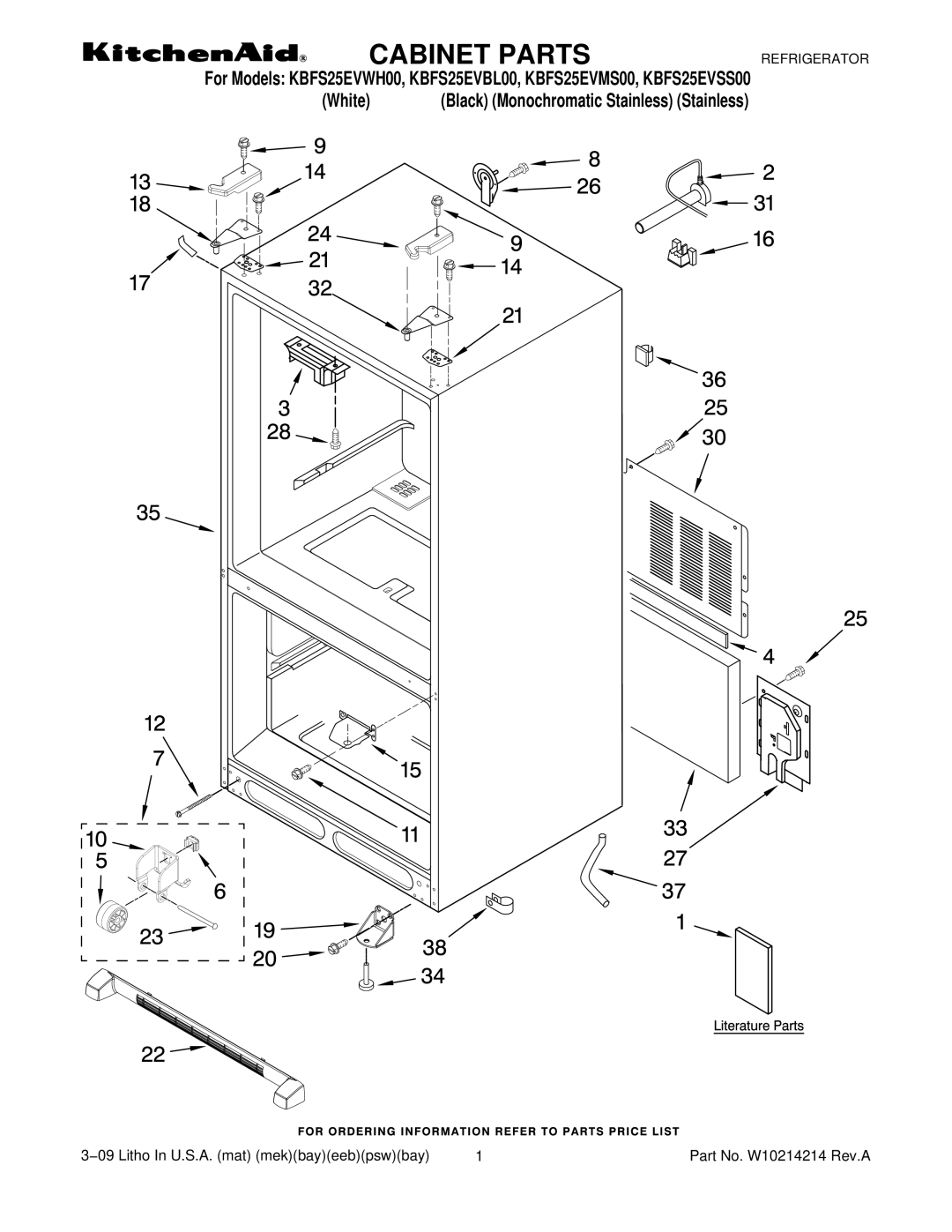 KitchenAid KBFS25EVSS00, KBFS25EVWH00, KBFS25EVBL00, KBFS25EVMS00 manual Cabinet Parts 