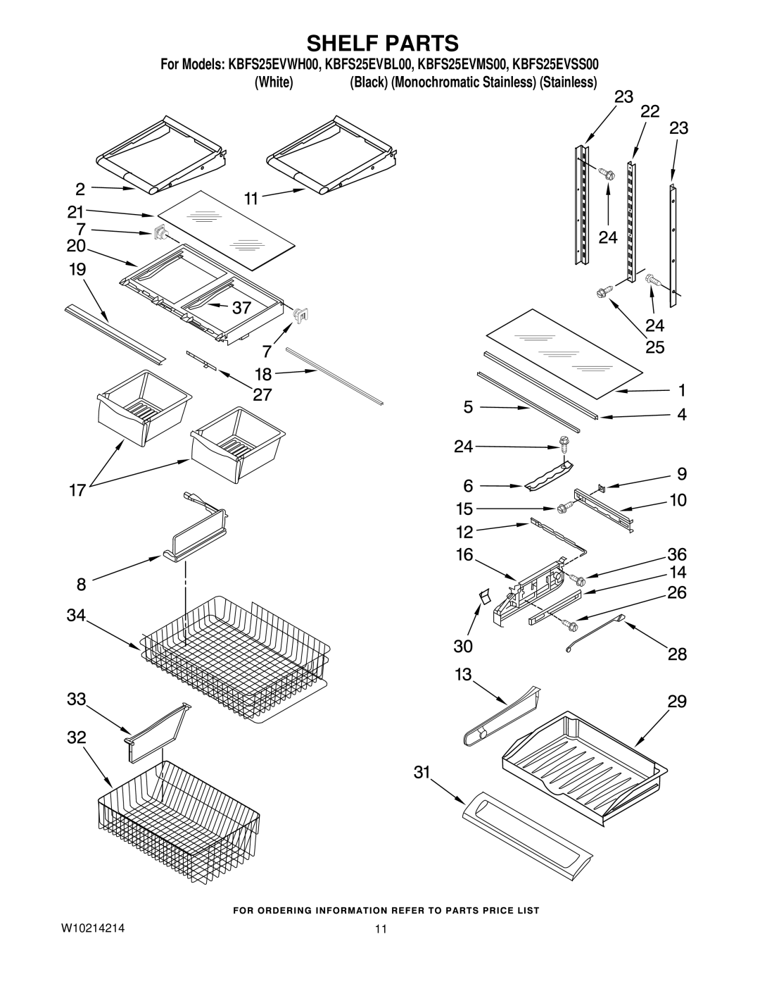 KitchenAid KBFS25EVMS00, KBFS25EVWH00, KBFS25EVSS00, KBFS25EVBL00 manual Shelf Parts 