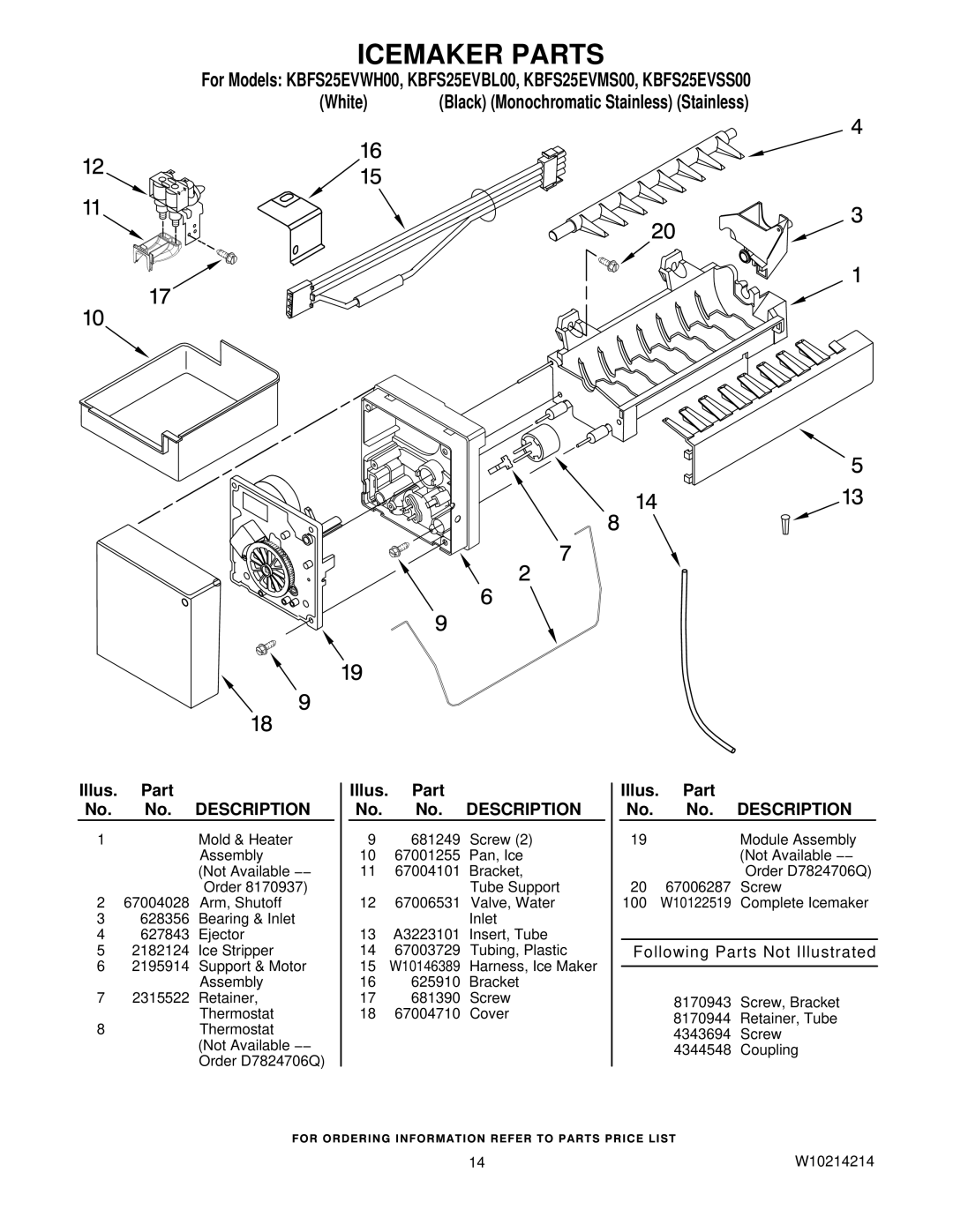 KitchenAid KBFS25EVBL00, KBFS25EVWH00, KBFS25EVSS00, KBFS25EVMS00 manual Icemaker Parts 