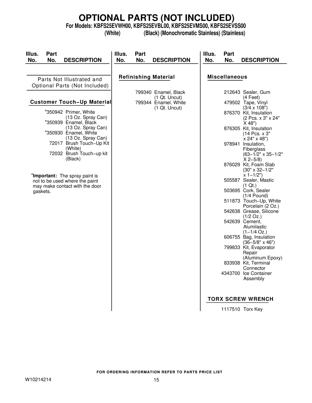 KitchenAid KBFS25EVMS00, KBFS25EVWH00, KBFS25EVSS00, KBFS25EVBL00 Optional Parts not Included, Customer Touch−Up Material 