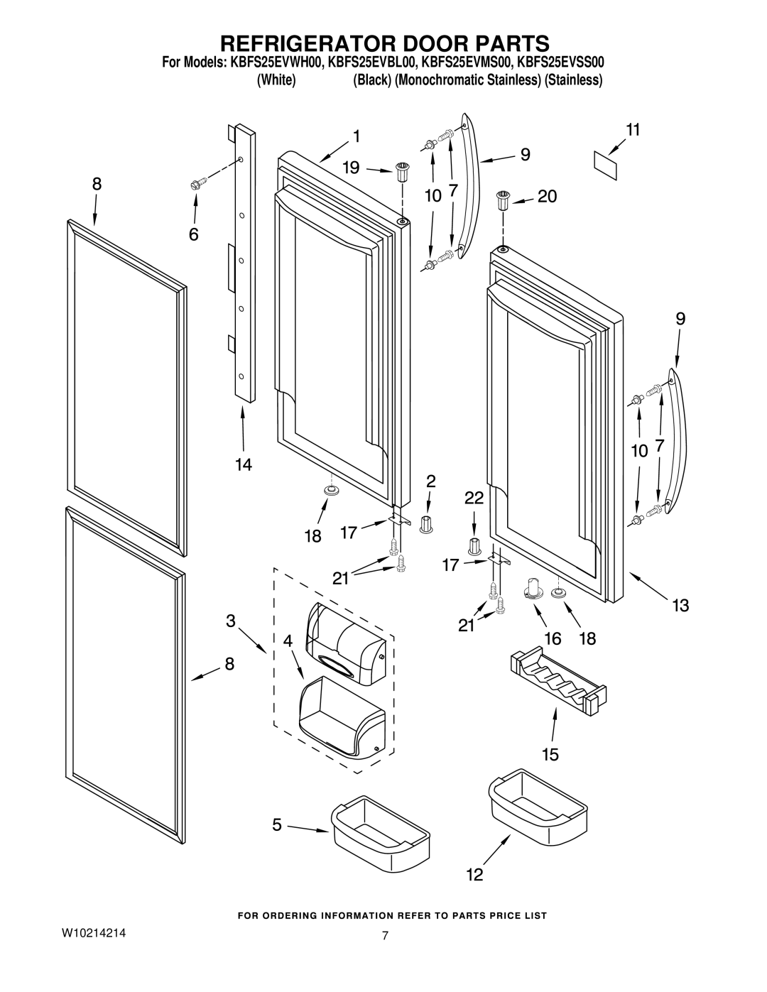 KitchenAid KBFS25EVMS00, KBFS25EVWH00, KBFS25EVSS00, KBFS25EVBL00 manual Refrigerator Door Parts 