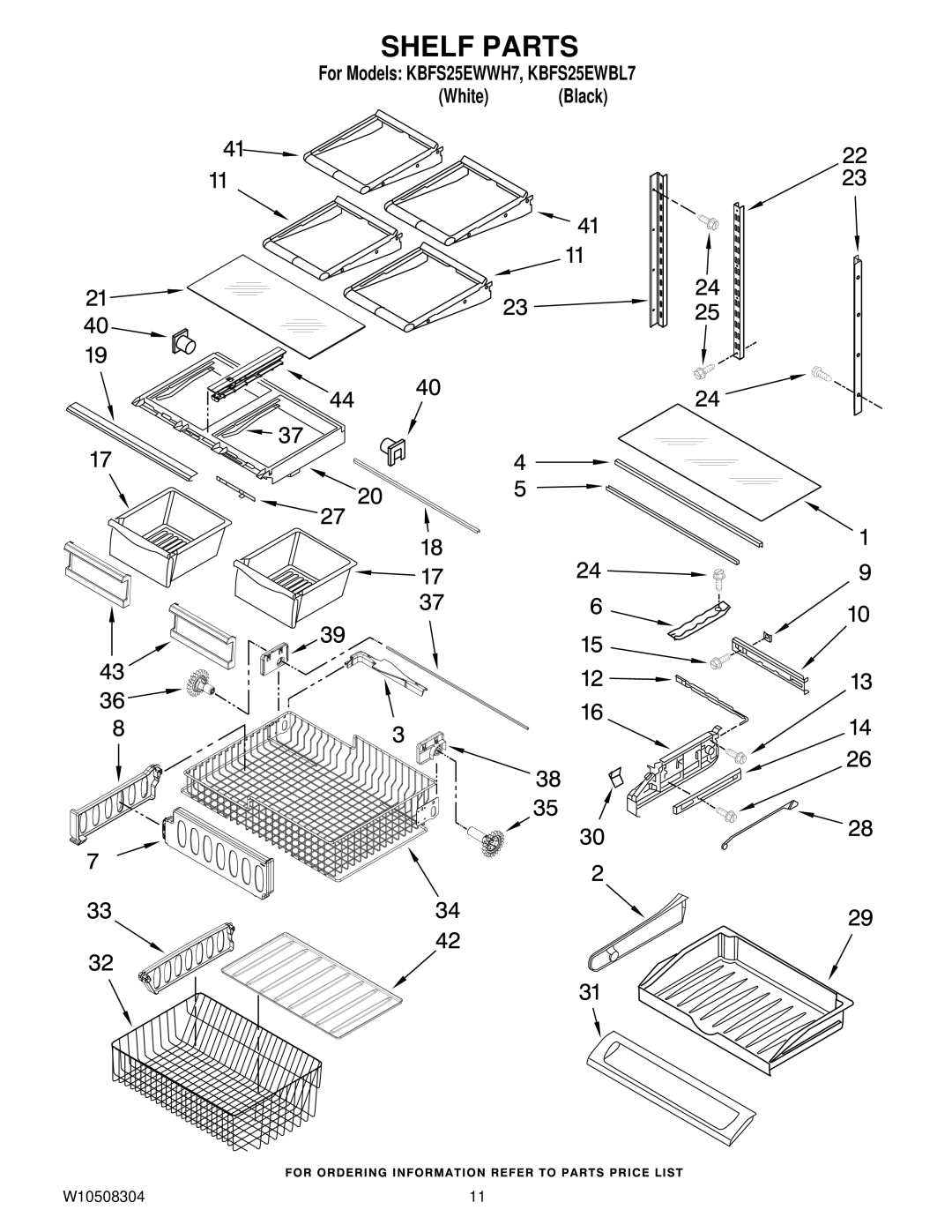 KitchenAid KBFs25EWWH7, KBFS25EWBL7 manual Shelf Parts 