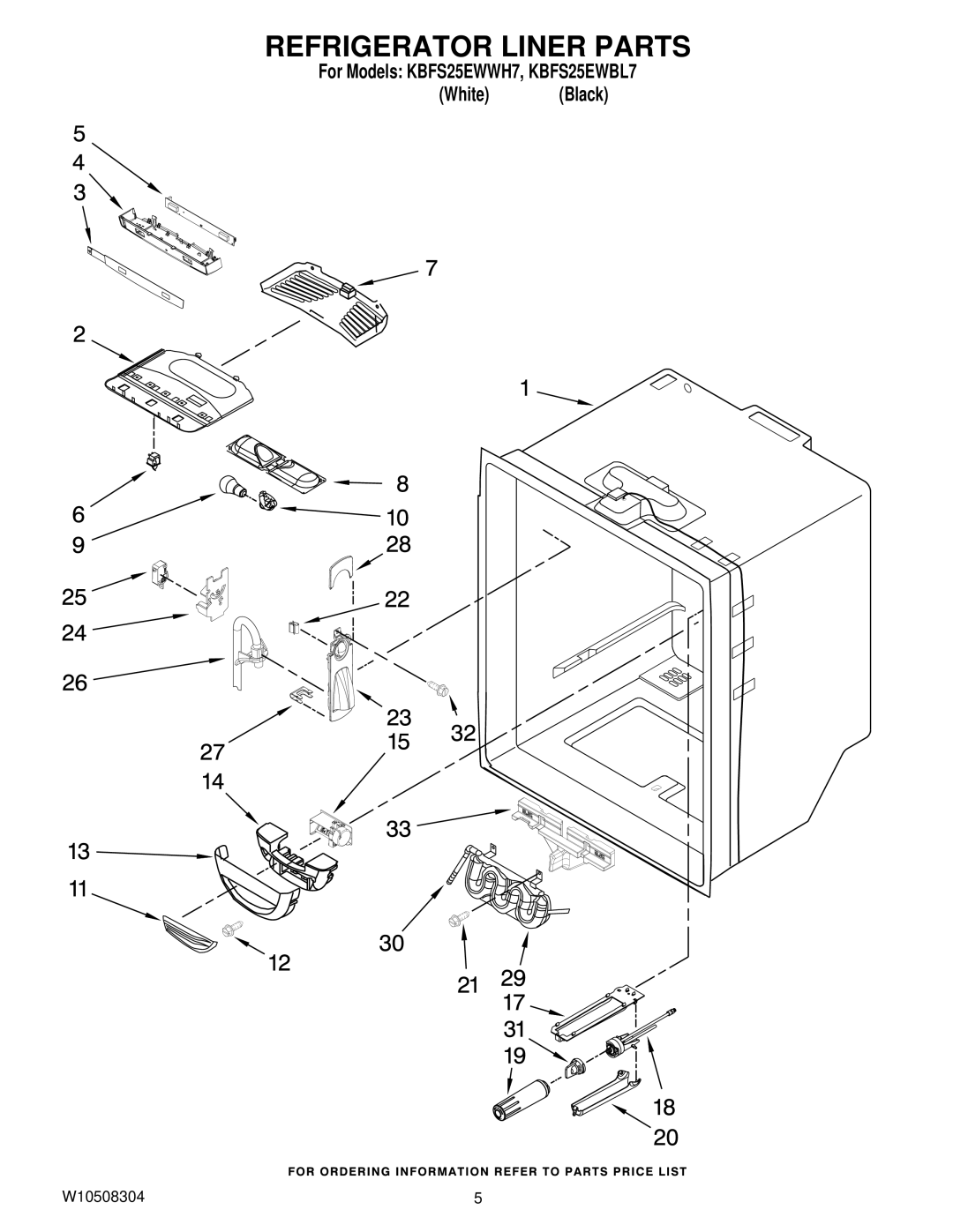 KitchenAid KBFs25EWWH7, KBFS25EWBL7 manual Refrigerator Liner Parts 