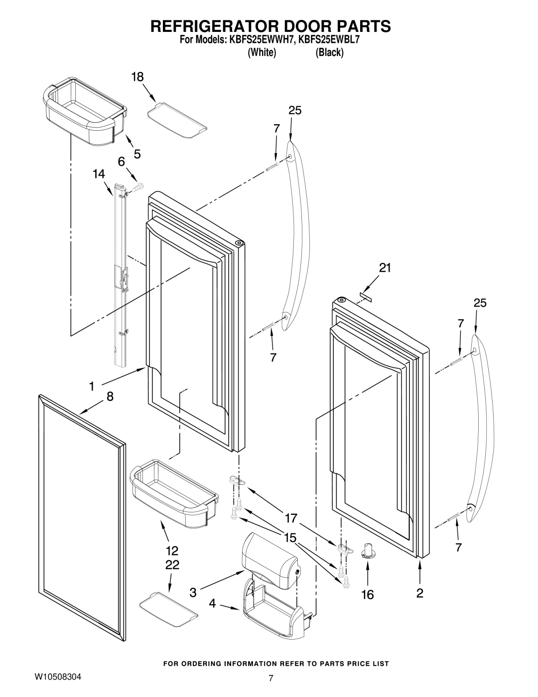 KitchenAid KBFs25EWWH7, KBFS25EWBL7 manual Refrigerator Door Parts 