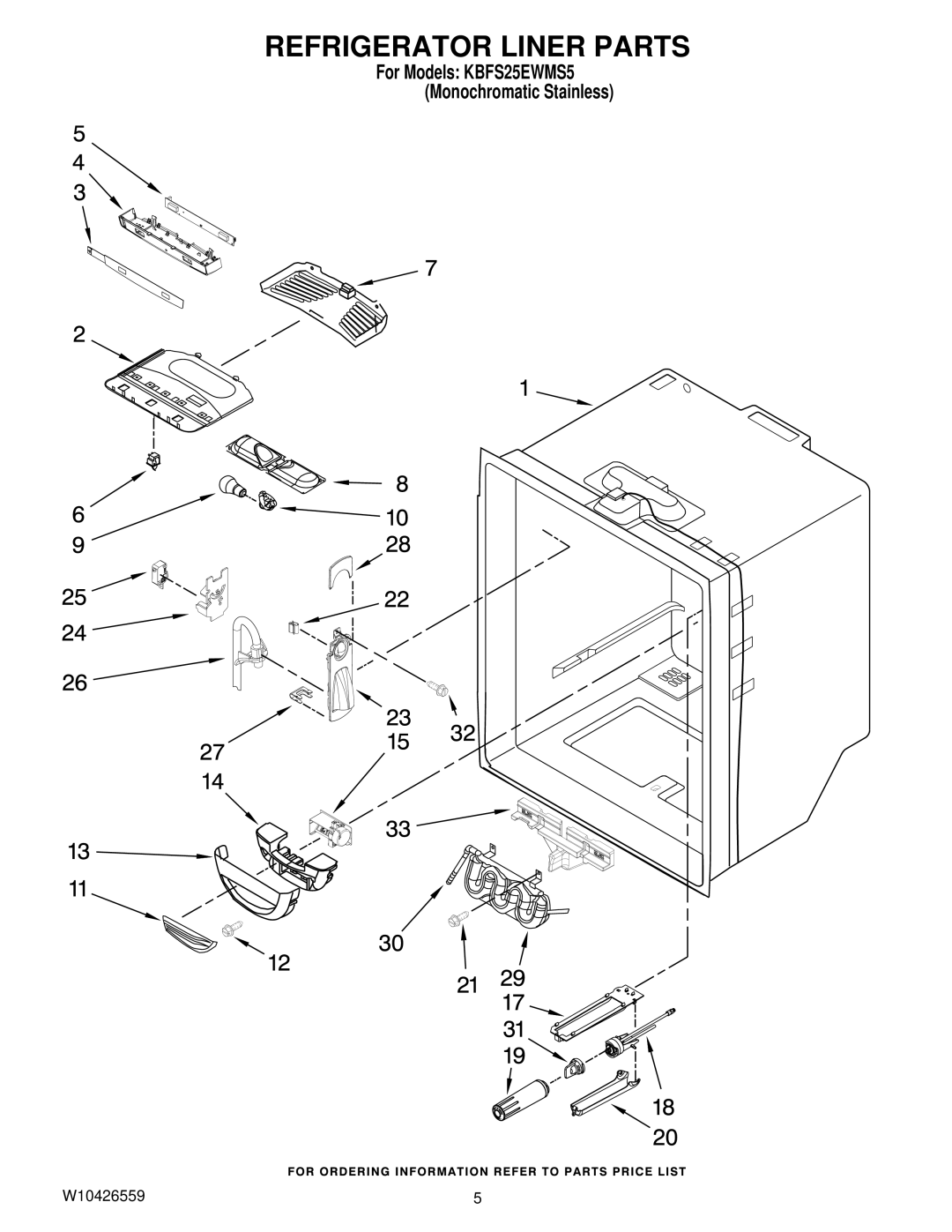 KitchenAid KBFS25EWMS5 manual Refrigerator Liner Parts 