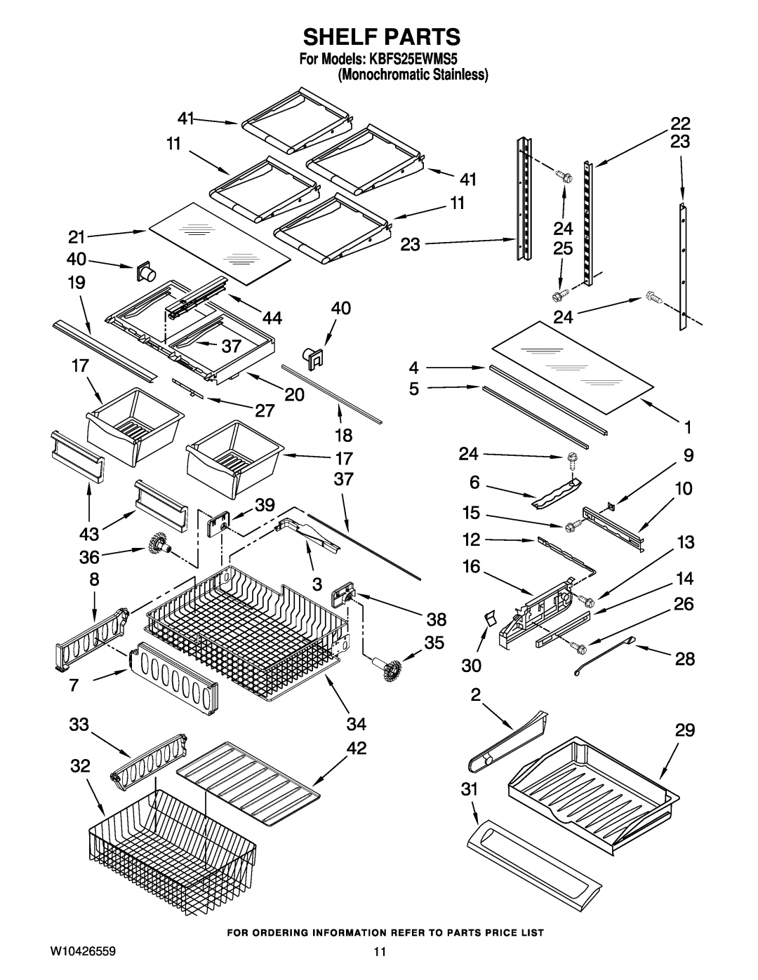 KitchenAid manual Shelf Parts, For Models KBFS25EWMS5 Monochromatic Stainless 