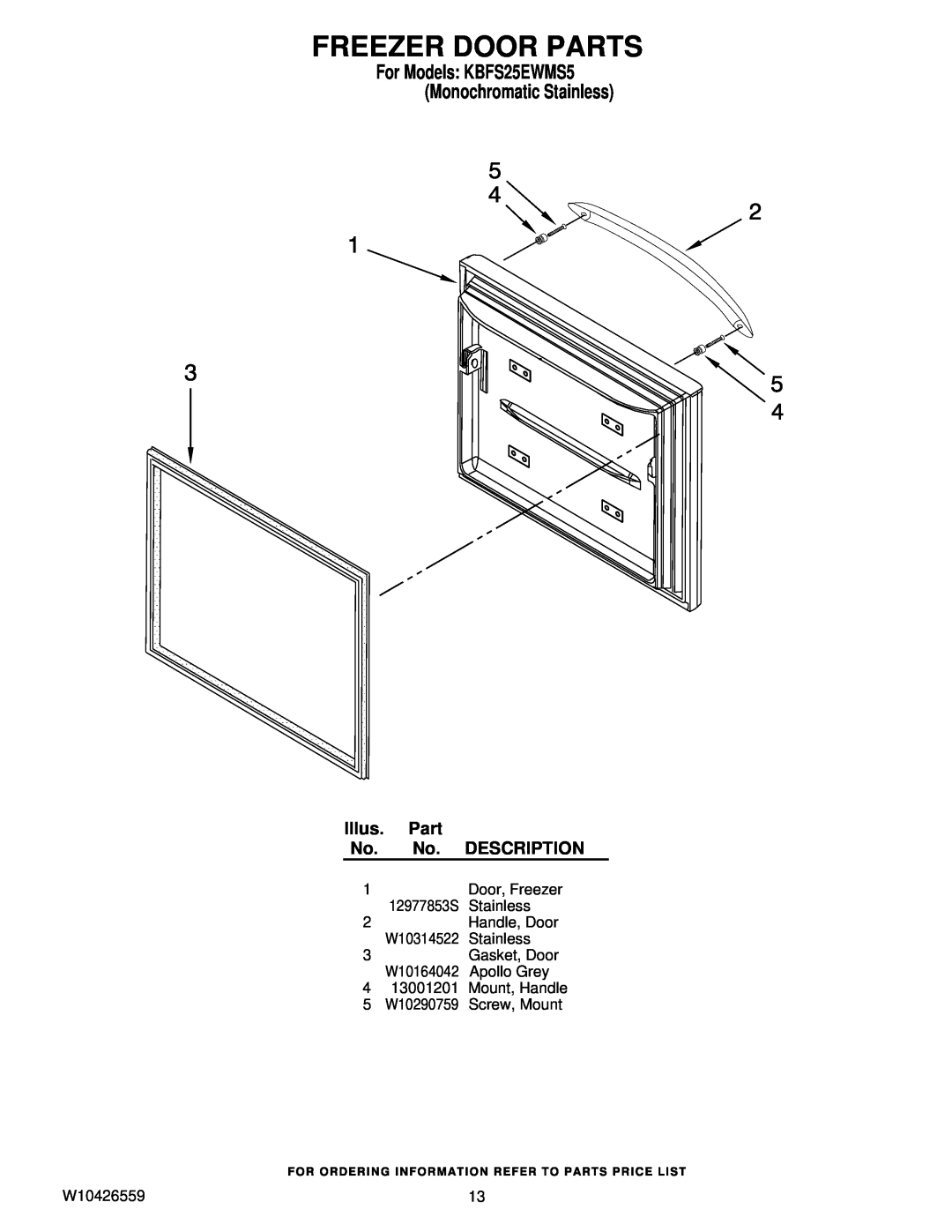 KitchenAid Freezer Door Parts, Illus, Description, For Models KBFS25EWMS5 Monochromatic Stainless, 12977853S, W10314522 