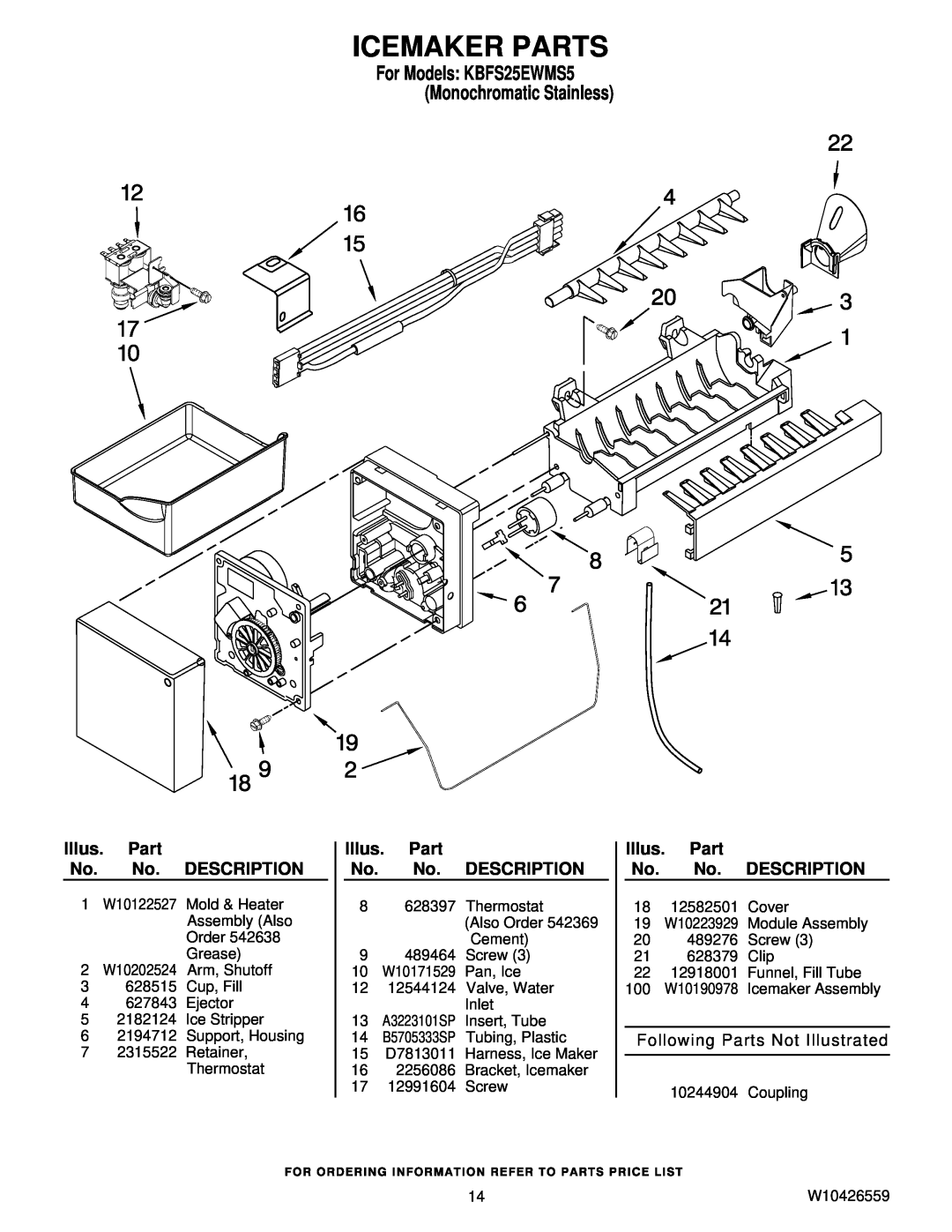 KitchenAid KBFS25EWMS5 manual Icemaker Parts, Illus. Part No. No. DESCRIPTION, Following Parts Not Illustrated 