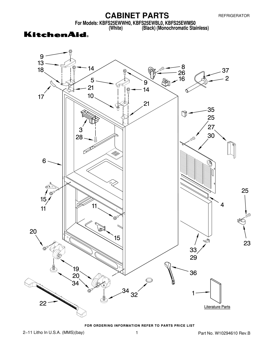 KitchenAid KBFS25EWBL0, KBFS25EWWH0, KBFS25EWMS0 manual Cabinet Parts 