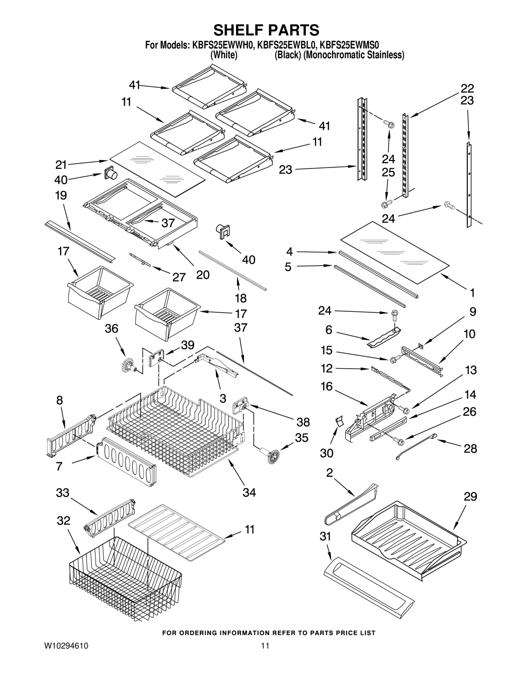 KitchenAid KBFS25EWMS0, KBFS25EWWH0, KBFS25EWBL0 manual Shelf Parts 