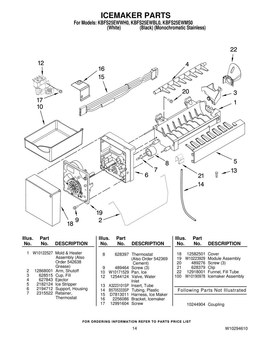 KitchenAid KBFS25EWMS0, KBFS25EWWH0, KBFS25EWBL0 manual Icemaker Parts 