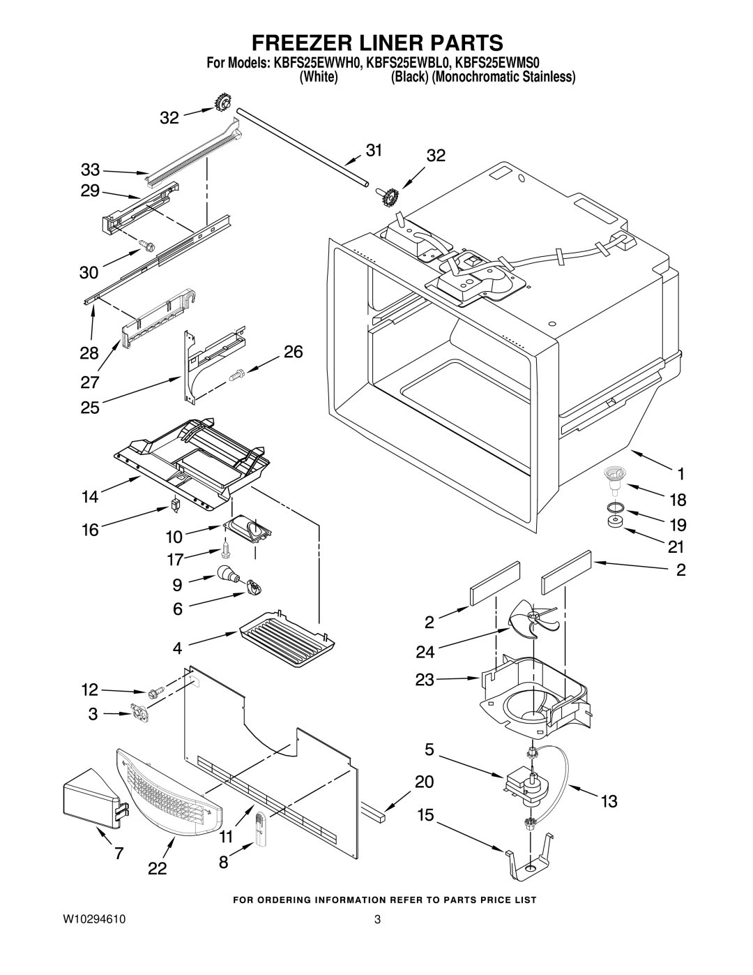 KitchenAid KBFS25EWWH0, KBFS25EWBL0, KBFS25EWMS0 manual Freezer Liner Parts 