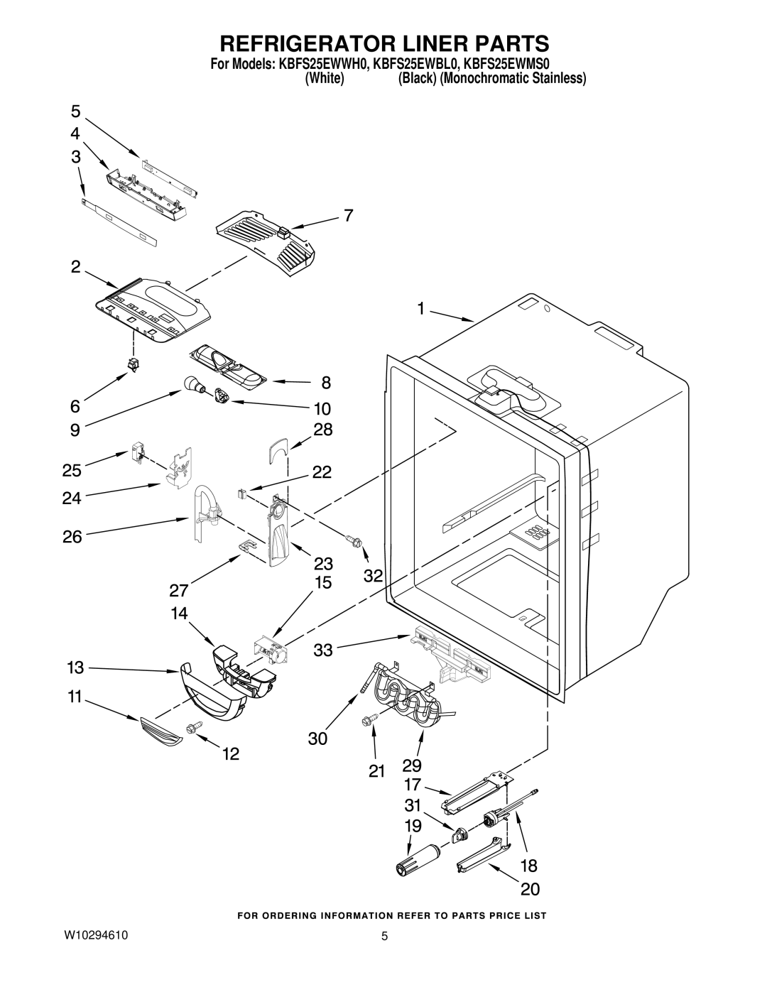 KitchenAid KBFS25EWMS0, KBFS25EWWH0, KBFS25EWBL0 manual Refrigerator Liner Parts 