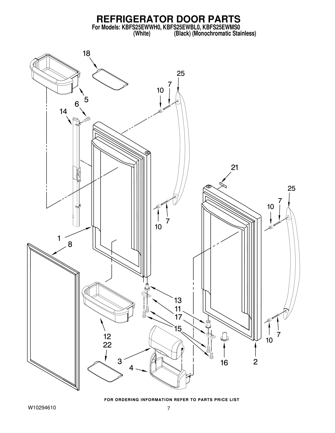 KitchenAid KBFS25EWBL0, KBFS25EWWH0, KBFS25EWMS0 manual Refrigerator Door Parts 