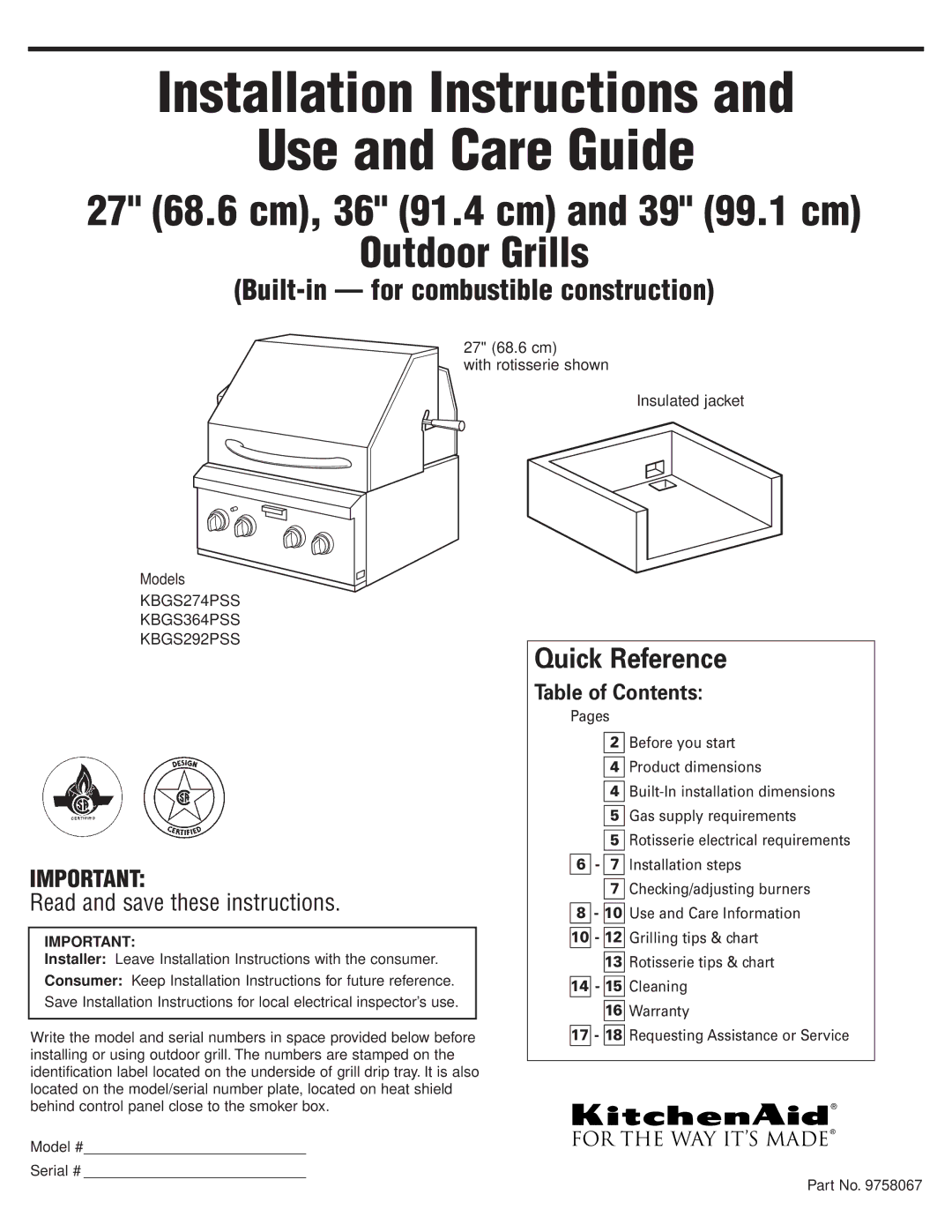 KitchenAid KBGS364PSS, KBGS274PSS, KBGS292PSS installation instructions Installation Instructions Use and Care Guide 