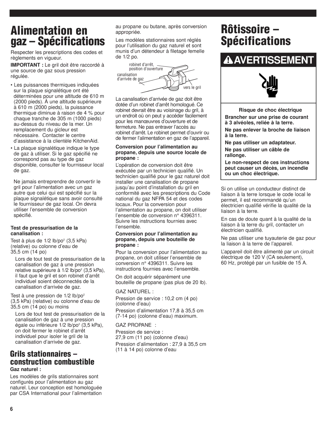 KitchenAid KBGS274PSS, KBGS364PSS Rôtissoire Spécifications, Test de pressurisation de la canalisation, Gaz naturel 