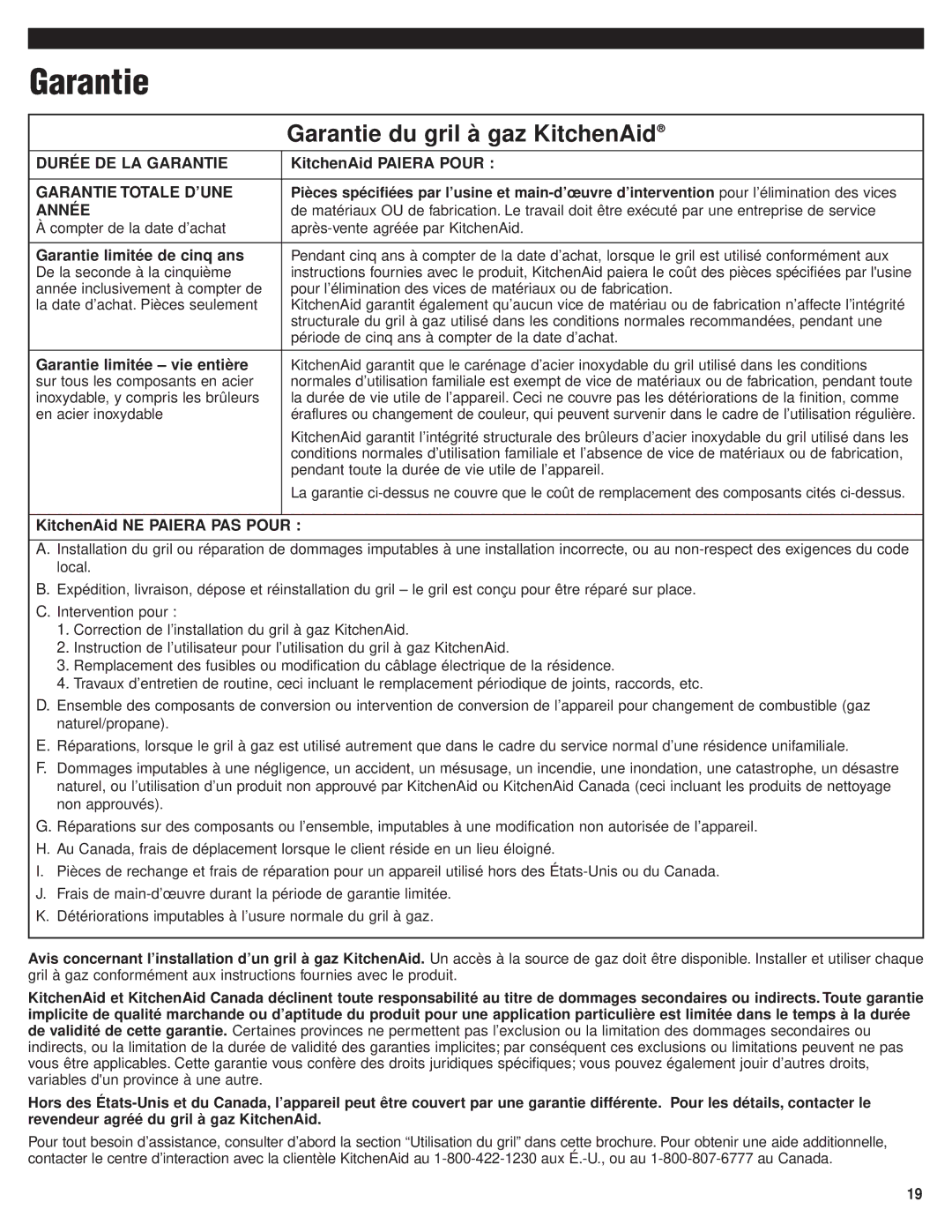 KitchenAid KBGS364PSS, KBGS274PSS, KBGS292PSS installation instructions Garantie du gril à gaz KitchenAid 