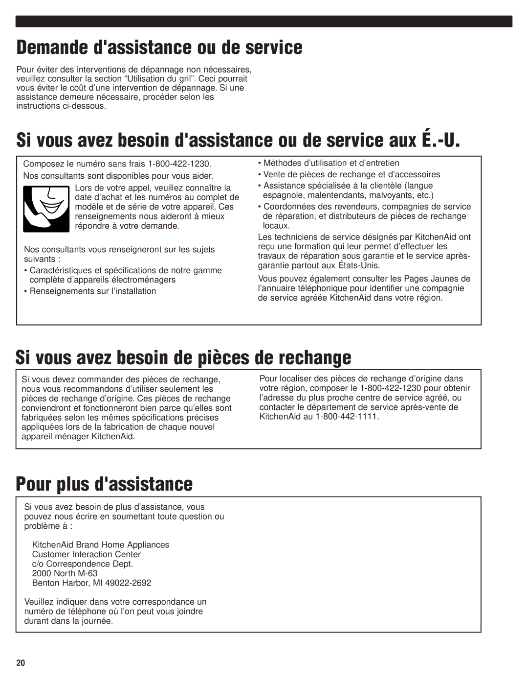 KitchenAid KBGS292PSS Demande dassistance ou de service, Si vous avez besoin dassistance ou de service aux É.-U 