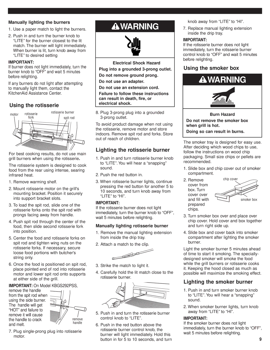 KitchenAid KBGS274PSS, KBGS364PSS, KBGS292PSS Using the rotisserie, Lighting the rotisserie burner, Using the smoker box 