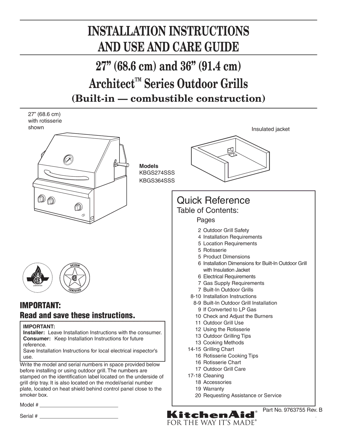 KitchenAid KBGS274SSS0 installation instructions Installation Instructions USE and Care Guide 