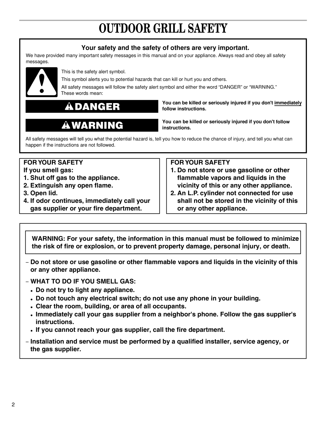 KitchenAid KBGS274SSS0 installation instructions Outdoor Grill Safety 