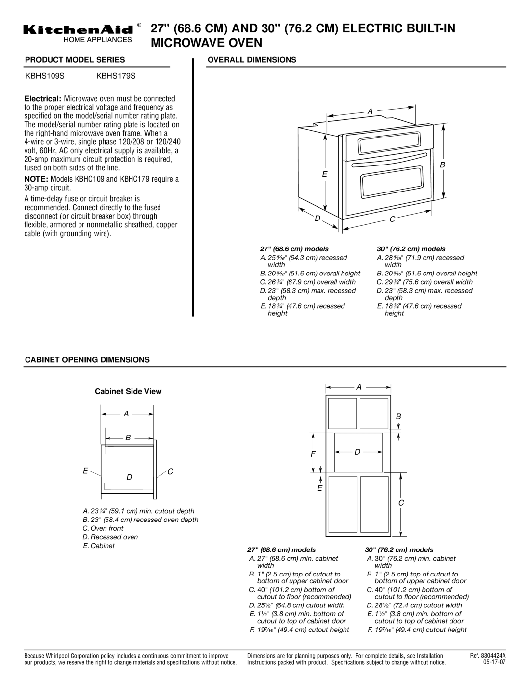 KitchenAid KBHS179S dimensions Microwave Oven, Product Model Series, Overall Dimensions, Cabinet Opening Dimensions 