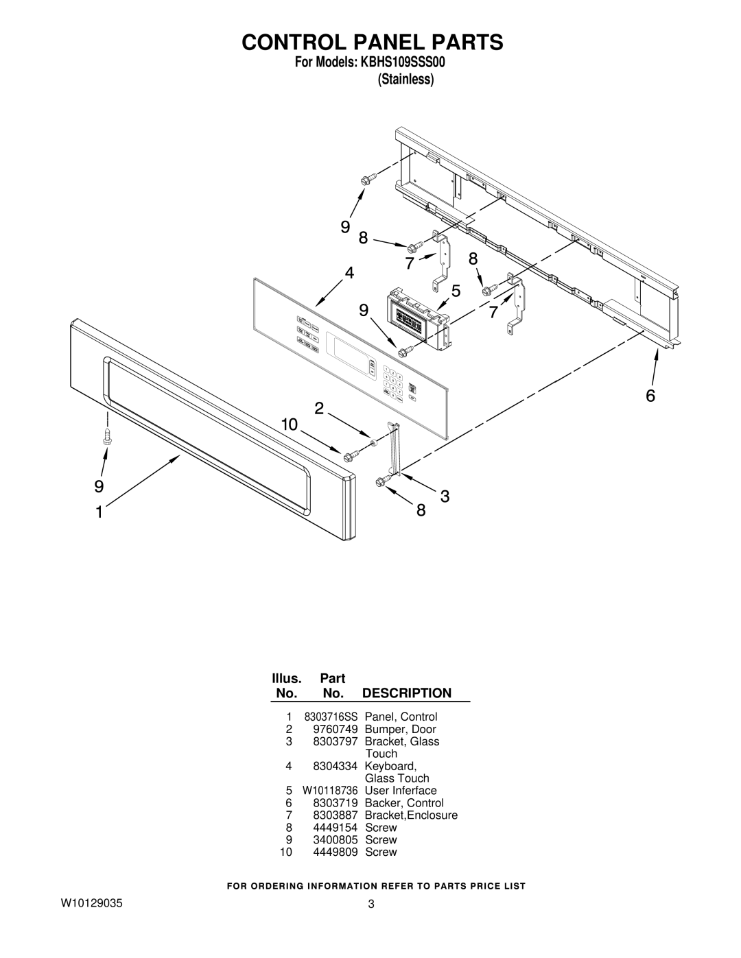 KitchenAid KBHS109SSS00 manual Control Panel Parts, Illus. Part No. No. Description 